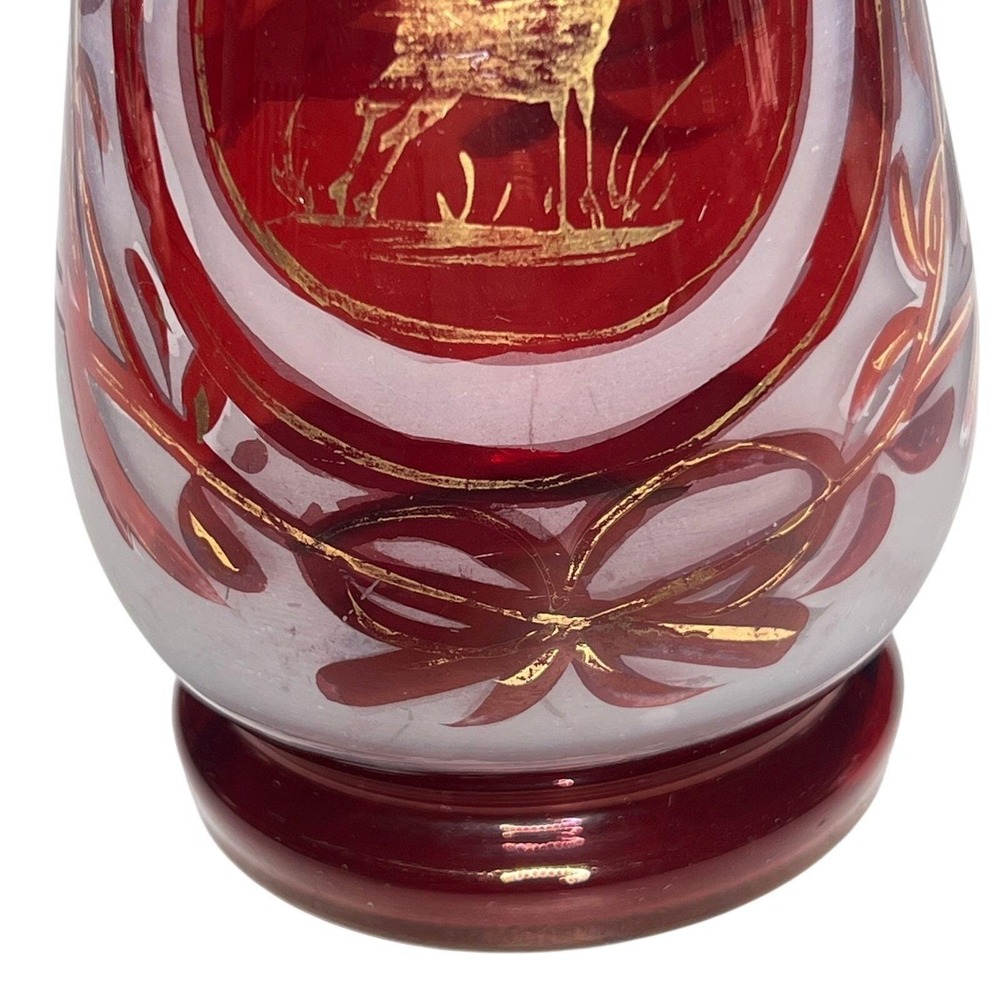 Ruby Red Bohemian Glass Vase Gold Deer and Bird Design‎ Bud Vase Decor Handblown - Picture 5 of 14